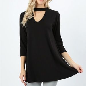 V Neck Top - Tunic with Choker Black